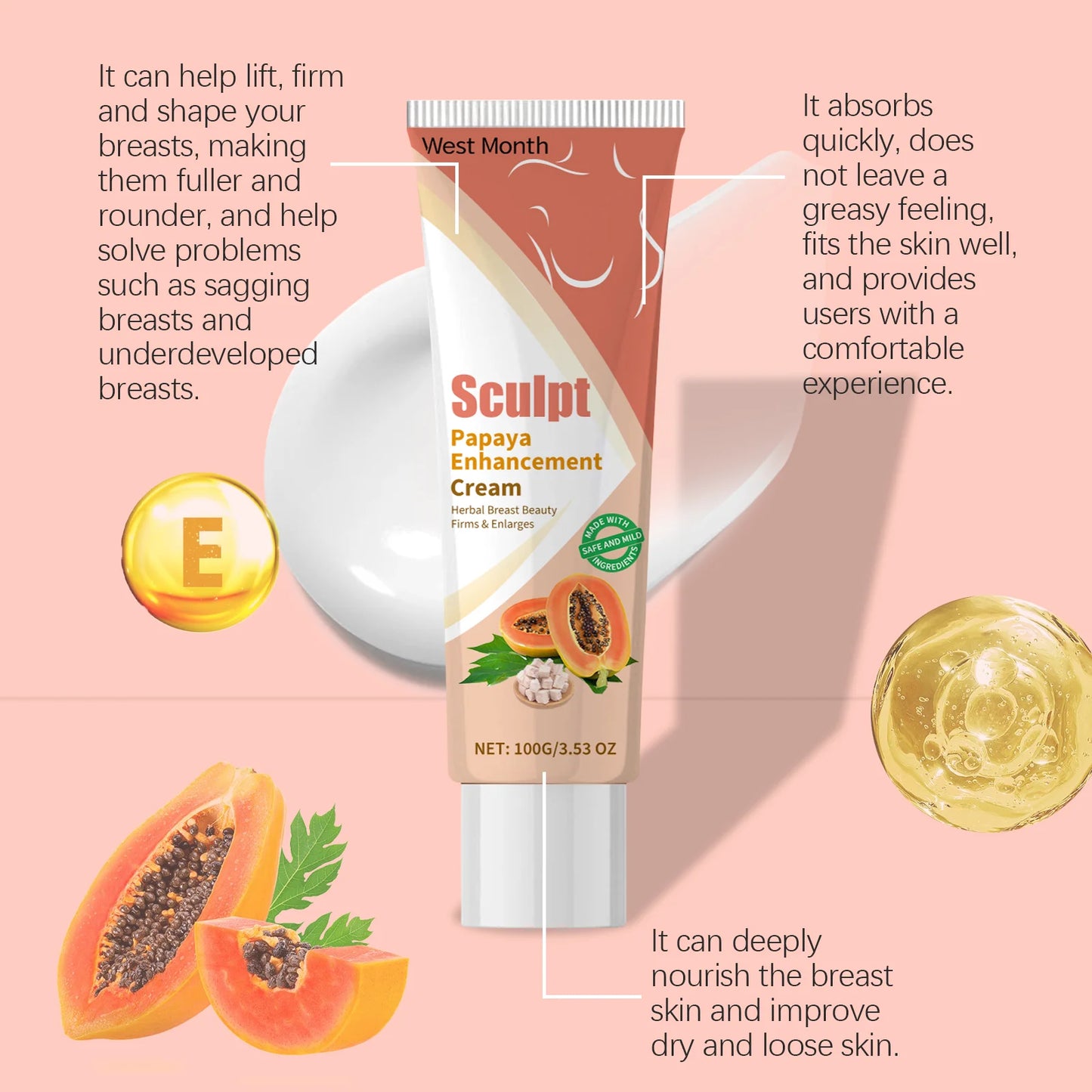 Papaya Firming Enhancement Cream, Gently Nourishes and Lifts the Skin, Tightens and Massages the Chest Care