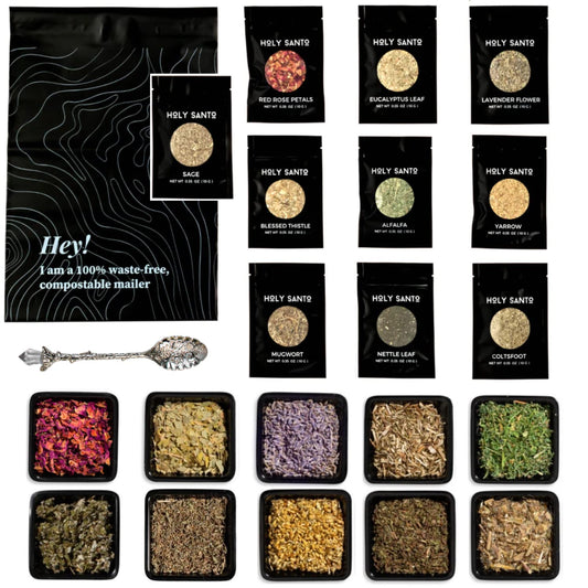 Holy Santo Organic Dried Herbs for Witchcraft - 10 Essential Herbs with Crystal Spoon in Beginner Kit - Ideal for Wiccan Supplies and Gifts