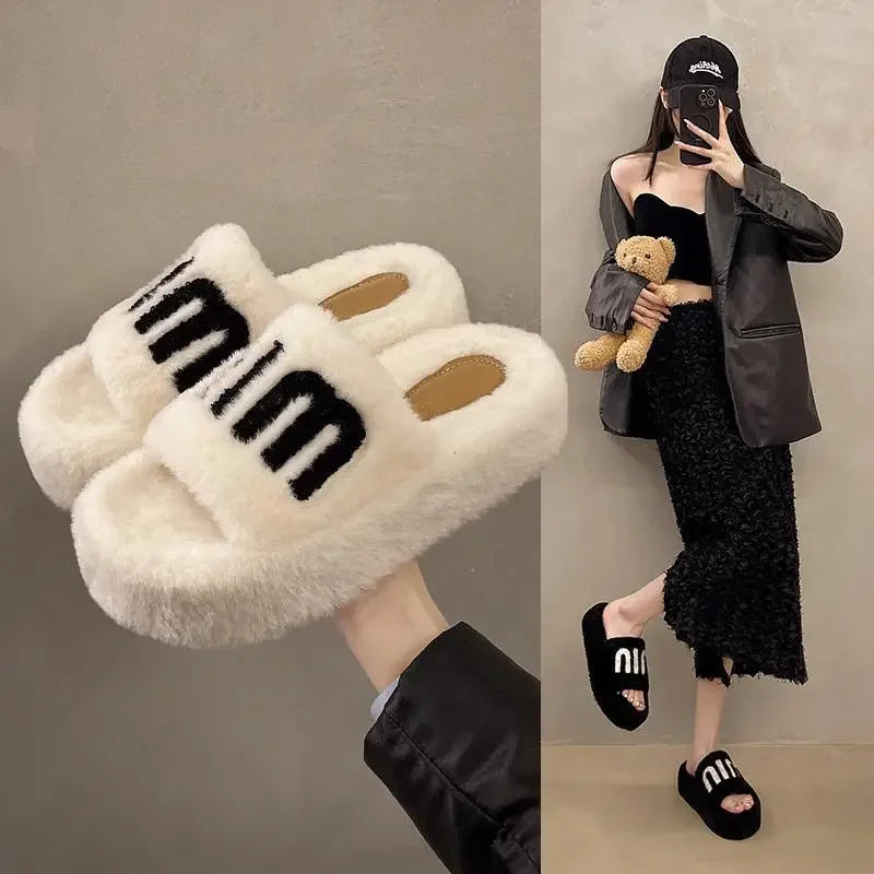 Slippers Women Summer Rubber Flip Flops Med Platform Room Shoes Slides Fashion Fur Sliders Flock Pantofle Hawaiian Massage Luxur