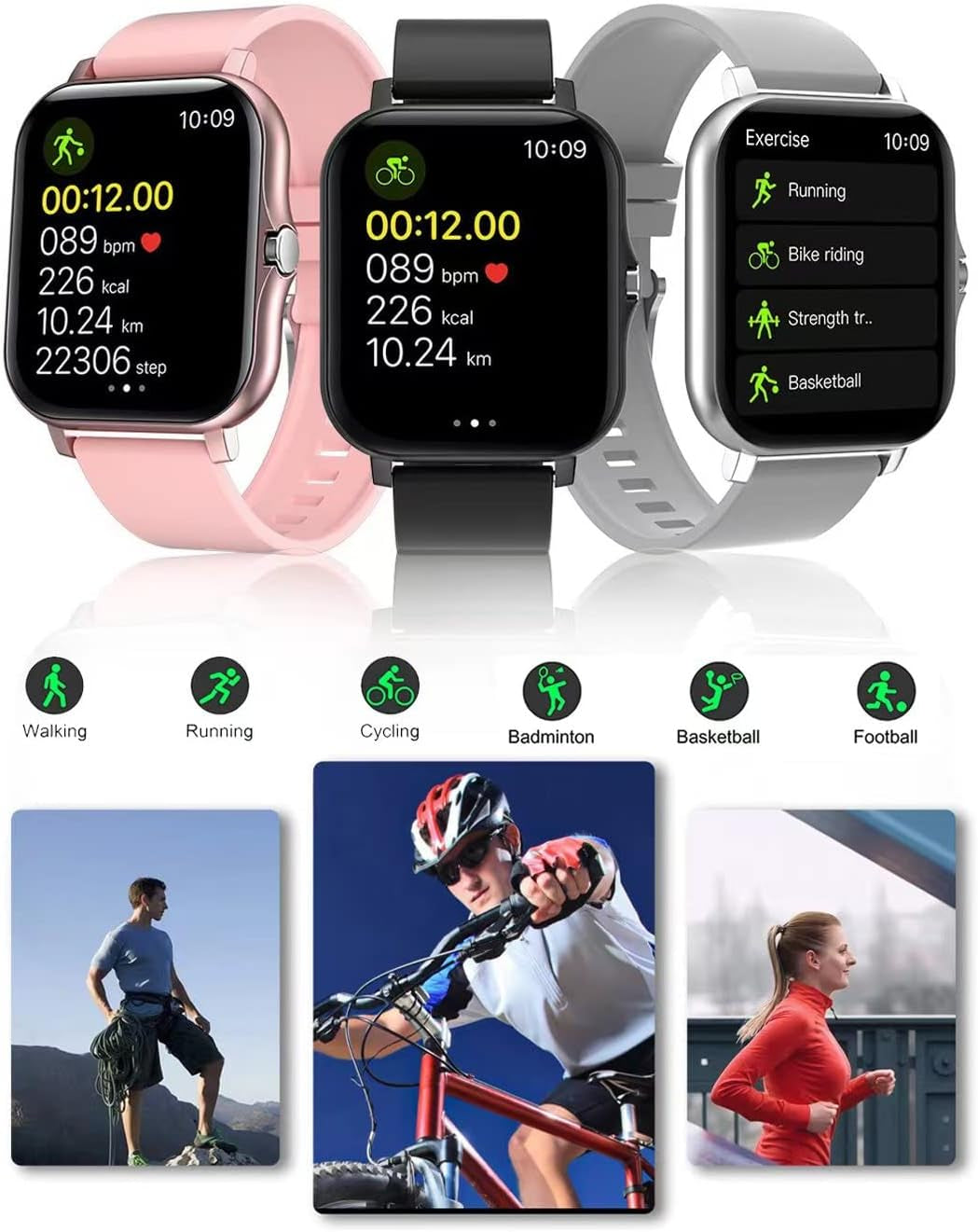 Smart Fitness Tracker Watch for Android/iOS - IP68 Waterproof, Heart Rate and Blood Oxygen Monitoring, Sleep Tracking, 8 Sports Modes, Breath Training, Weather Updates - 1.69-Inch Display for Men and Women (Black)